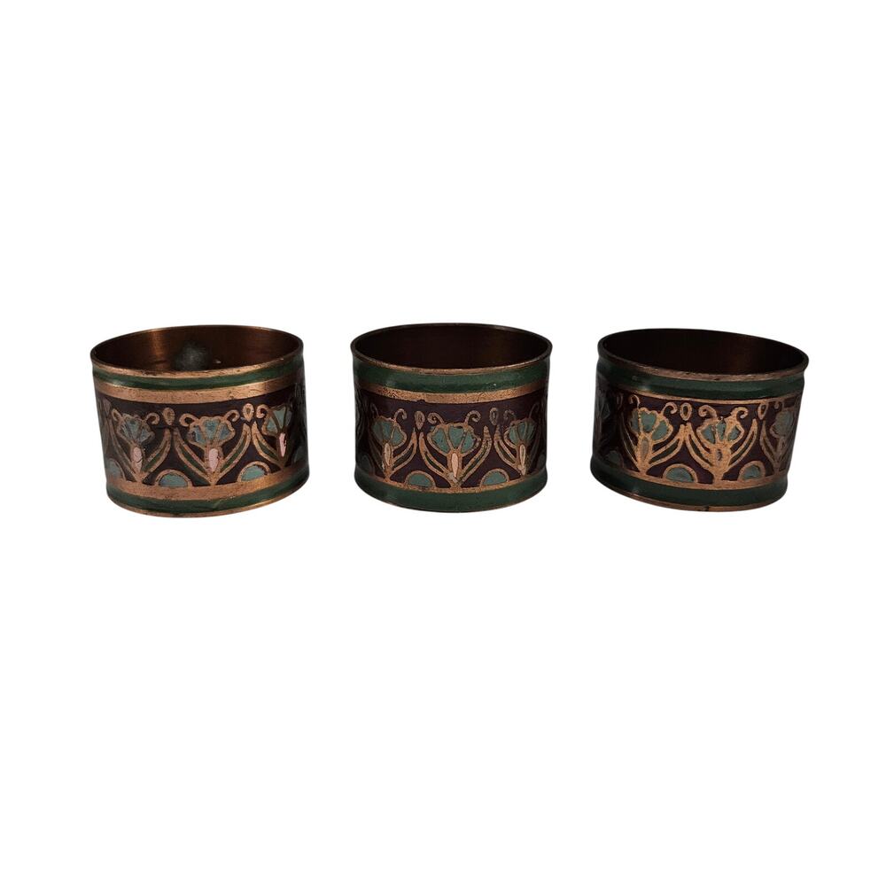 Pier 1 Napkin Rings Set of 3 Metal Copper Tone Embossed Scroll Floral Design